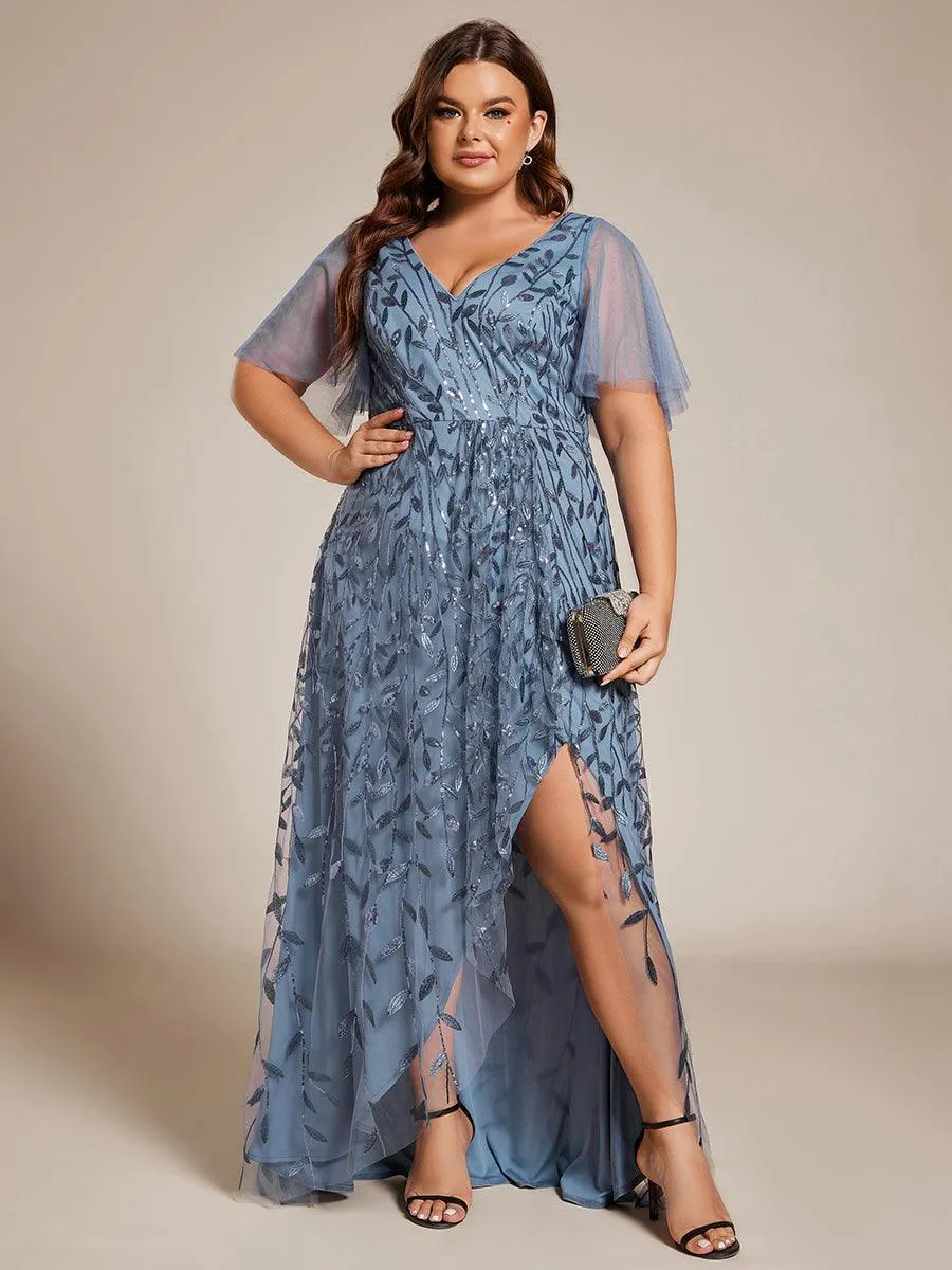 Robes de soirée pailletées à fente haute et col en V de grande taille