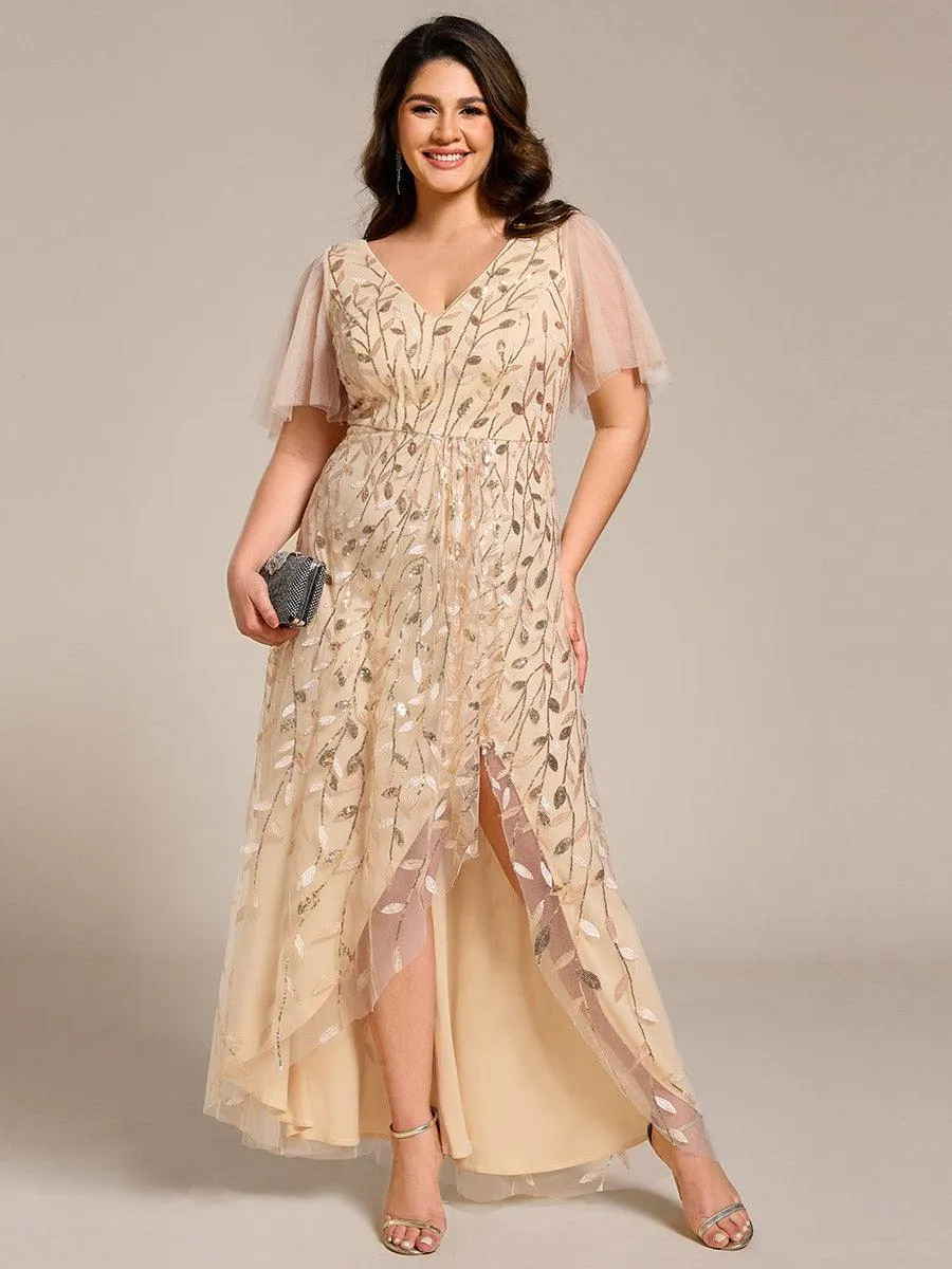 Robes de soirée pailletées à fente haute et col en V de grande taille
