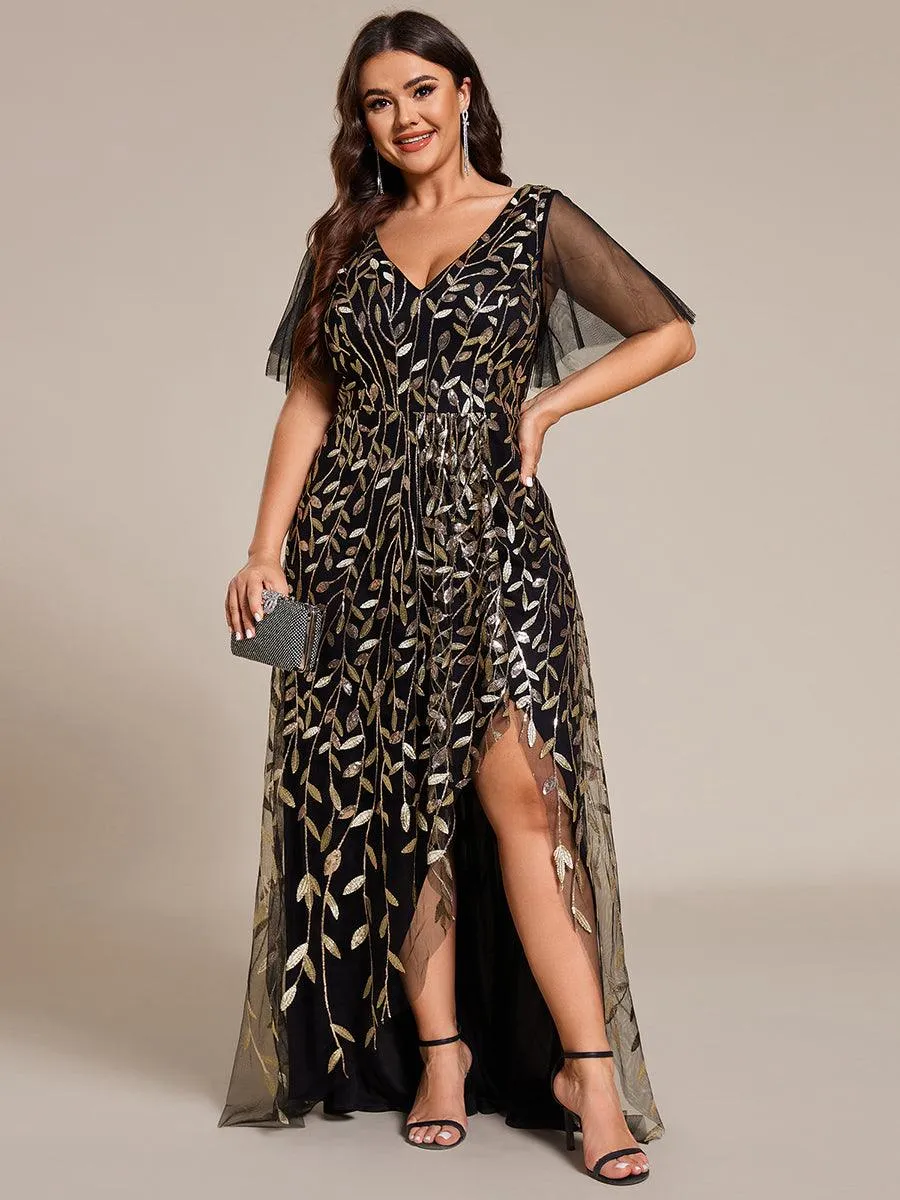 Robes de soirée pailletées à fente haute et col en V de grande taille