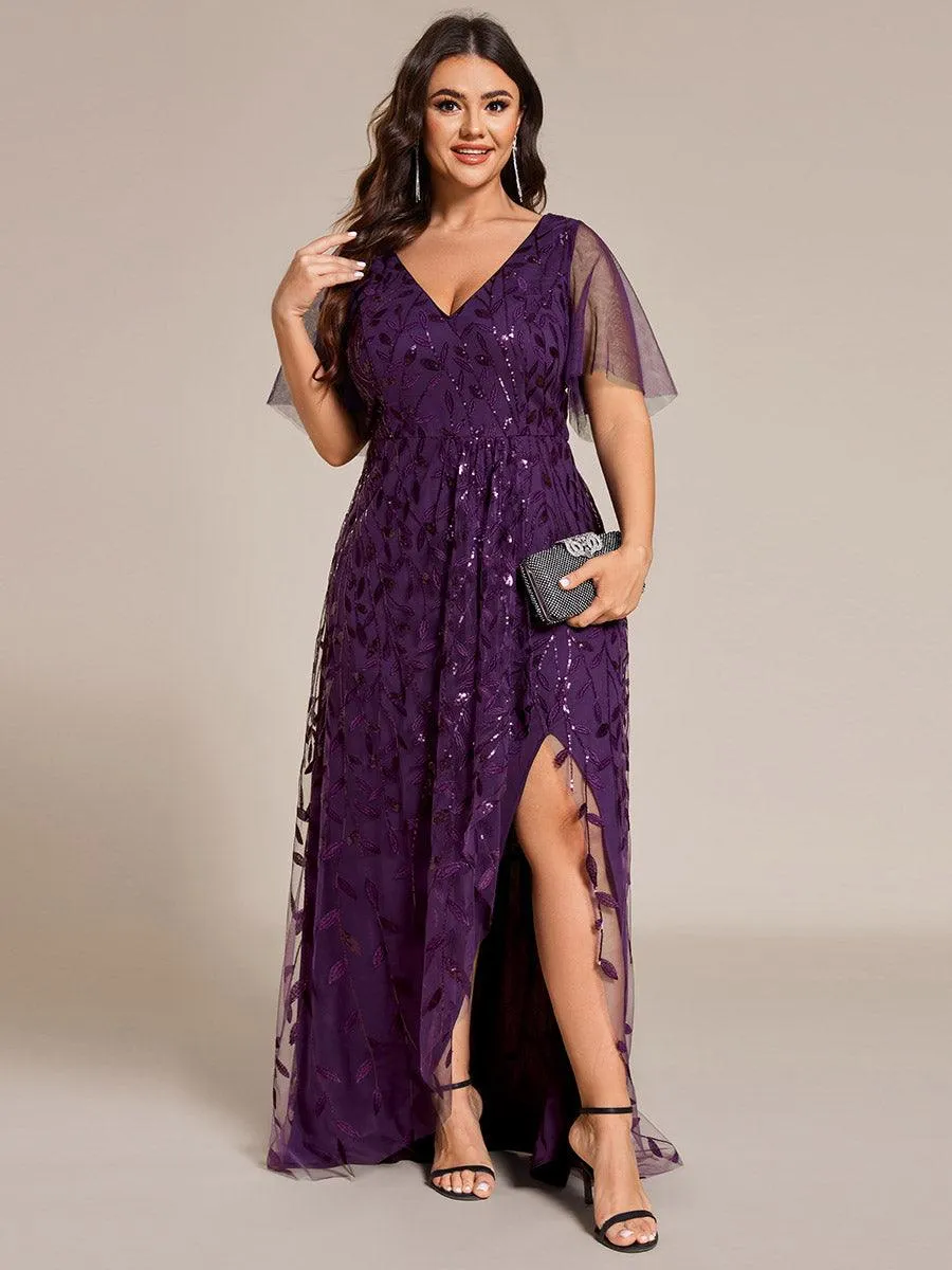 Robes de soirée pailletées à fente haute et col en V de grande taille