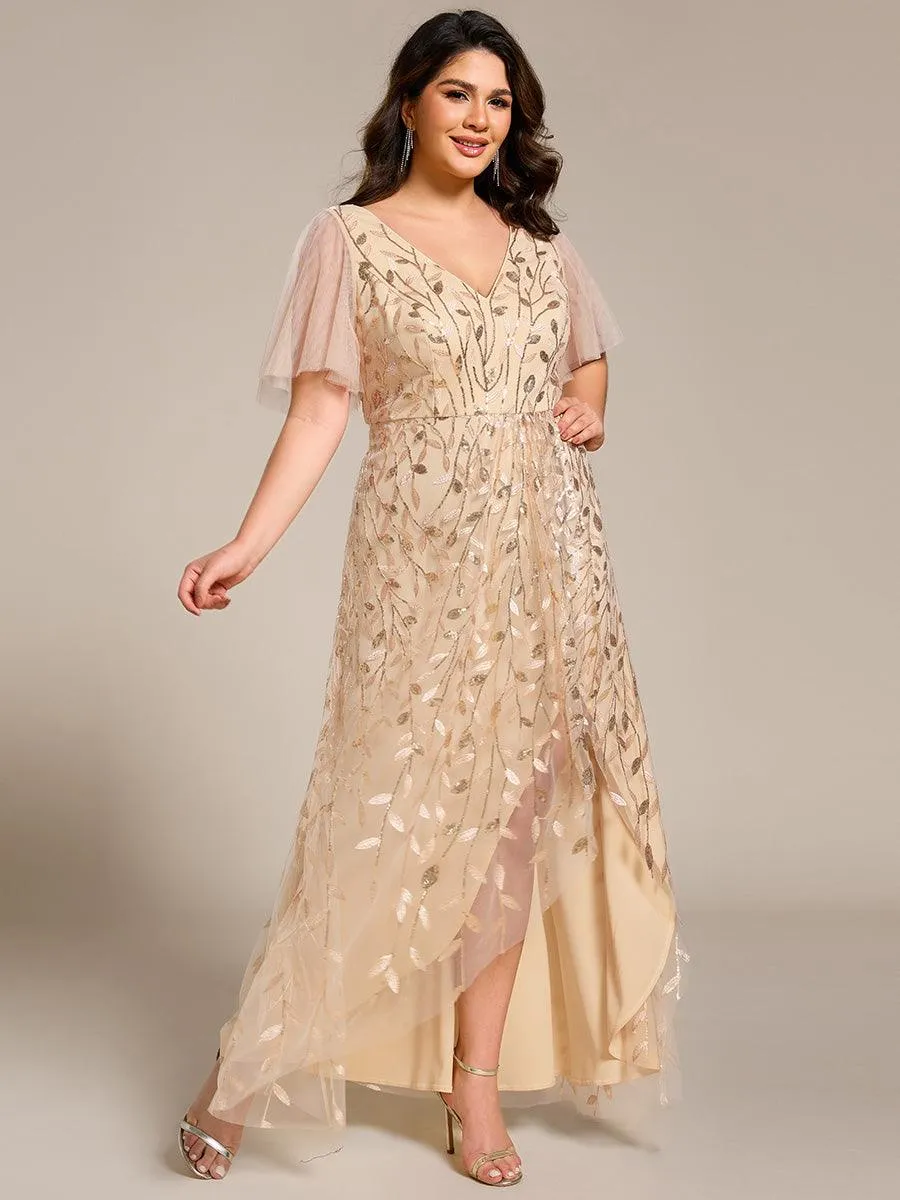 Robes de soirée pailletées à fente haute et col en V de grande taille