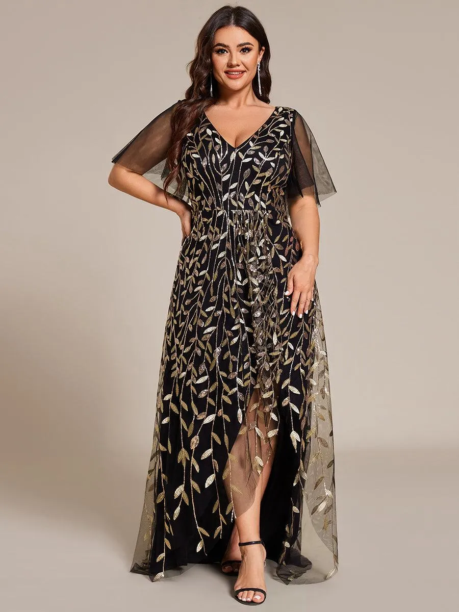 Robes de soirée pailletées à fente haute et col en V de grande taille