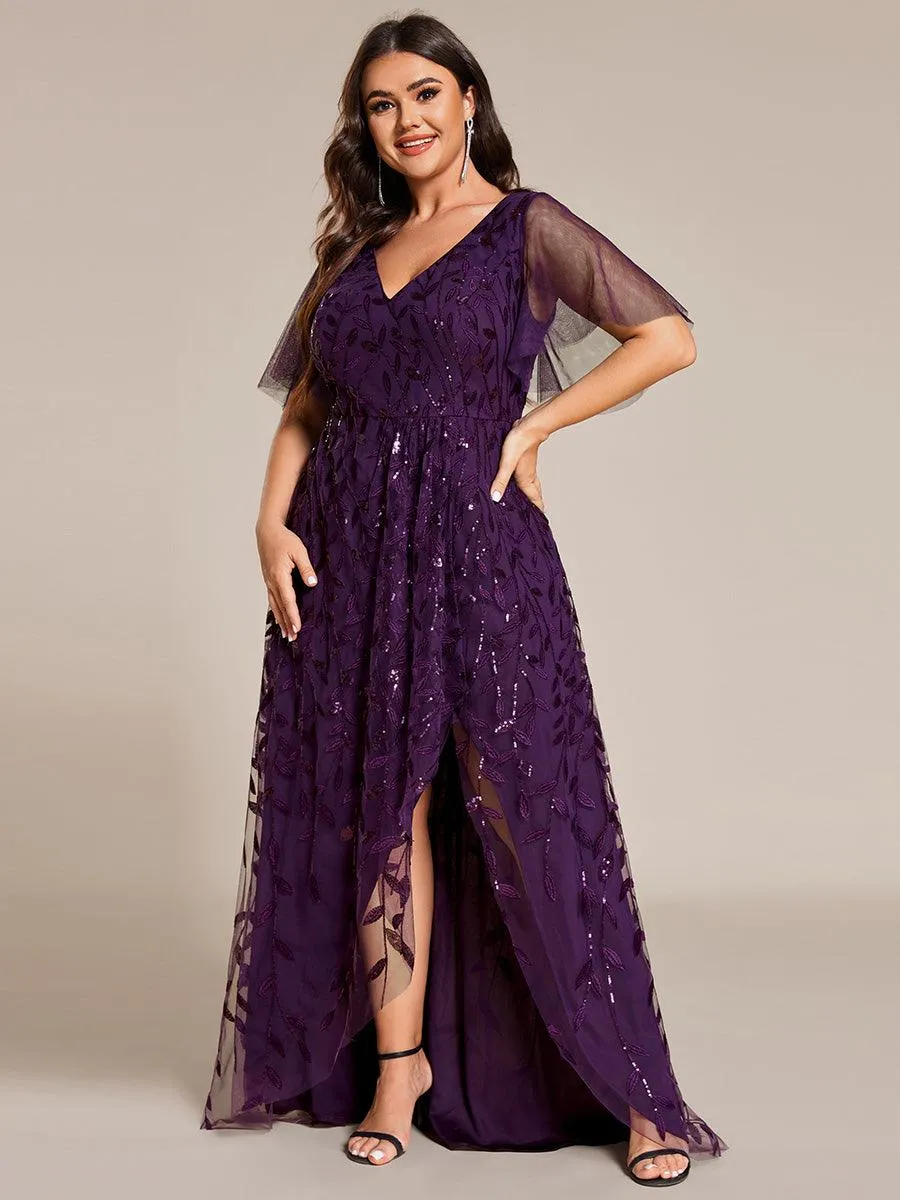 Robes de soirée pailletées à fente haute et col en V de grande taille