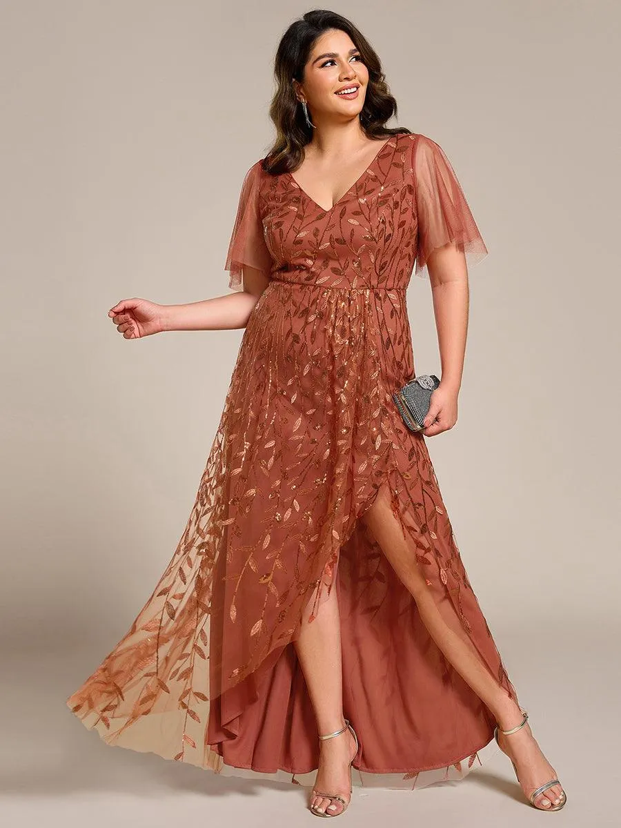 Robes de soirée pailletées à fente haute et col en V de grande taille