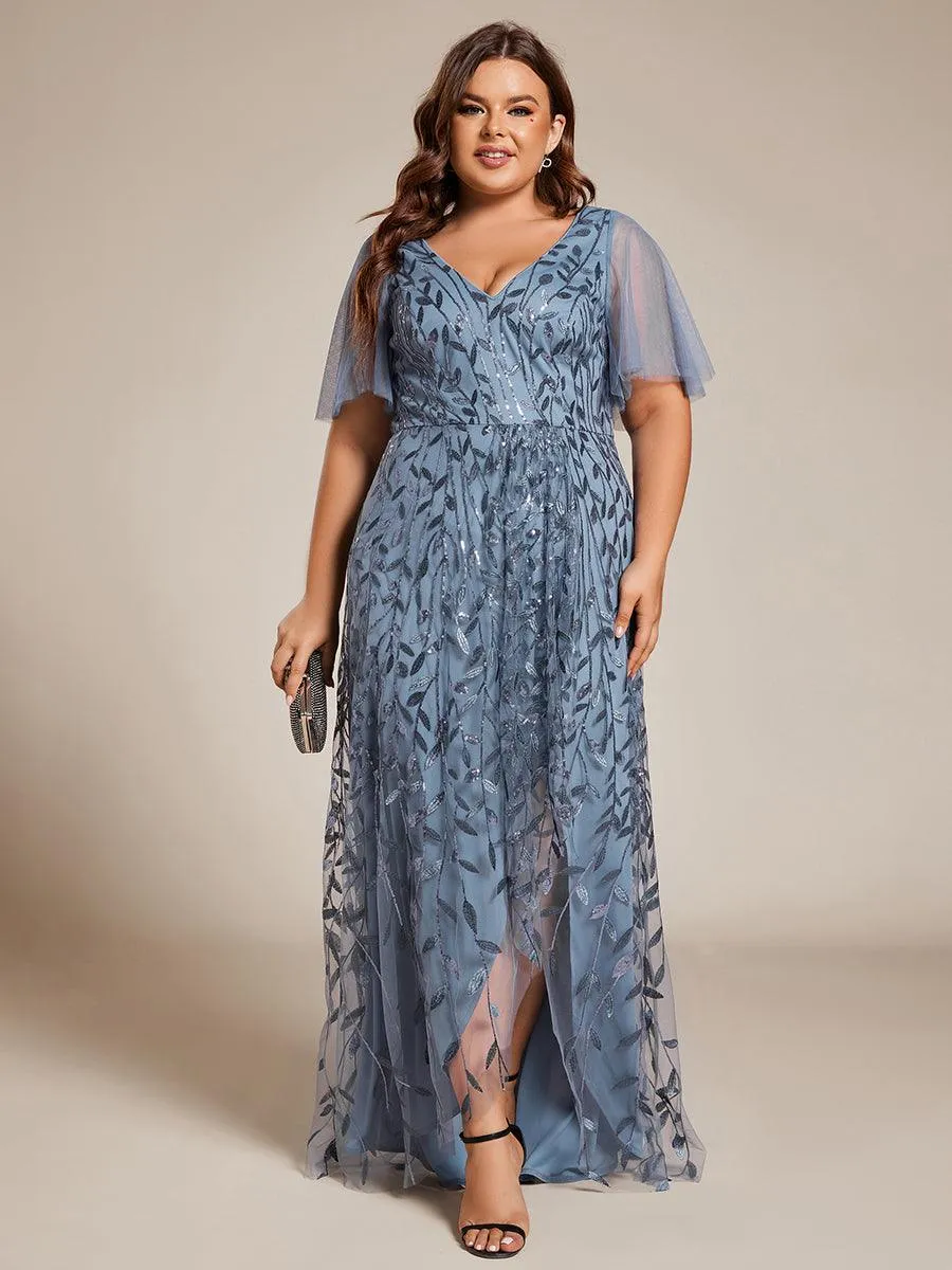 Robes de soirée pailletées à fente haute et col en V de grande taille