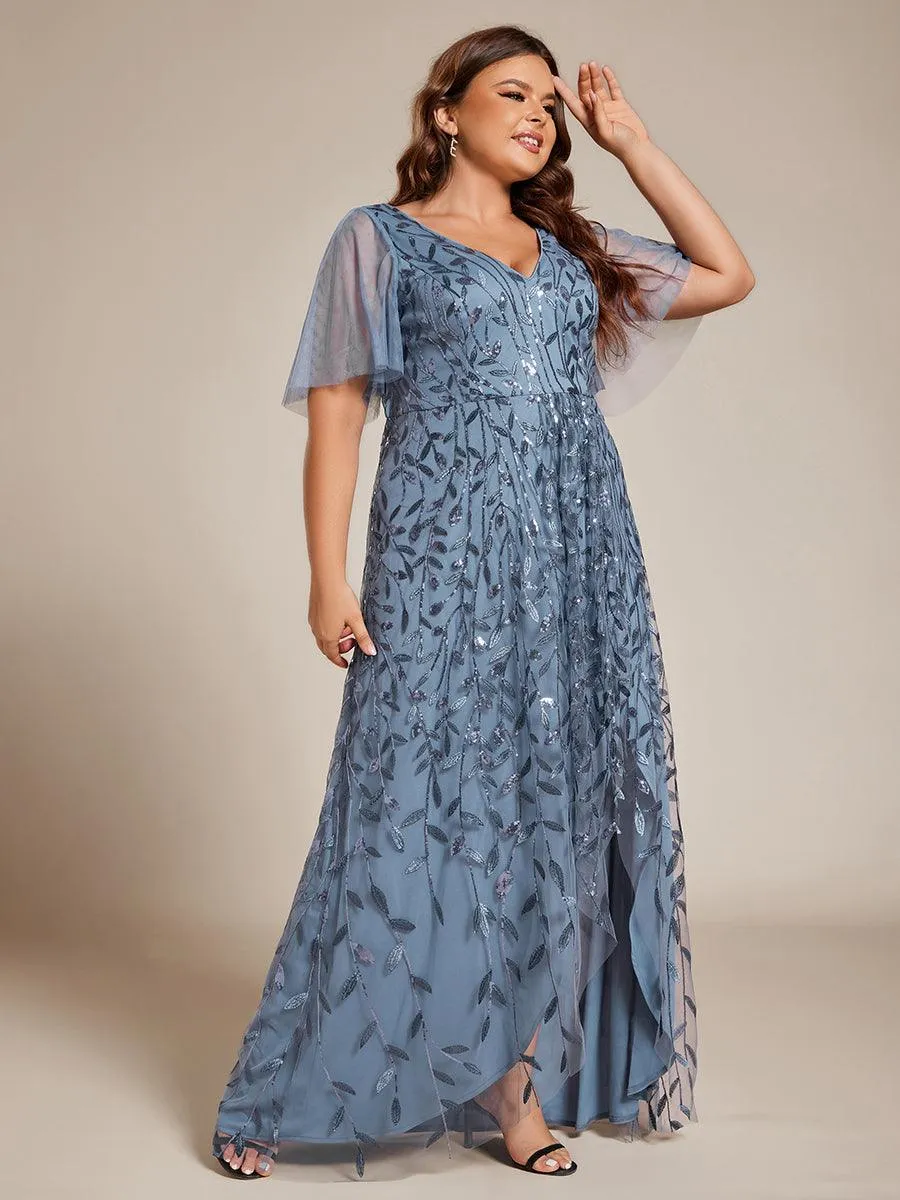 Robes de soirée pailletées à fente haute et col en V de grande taille