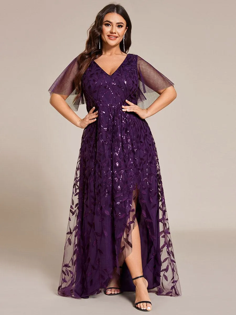 Robes de soirée pailletées à fente haute et col en V de grande taille