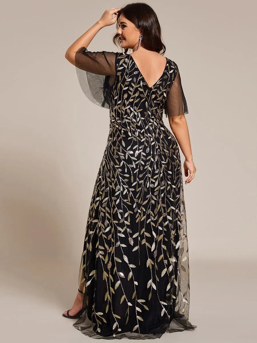 Robes de soirée pailletées à fente haute et col en V de grande taille