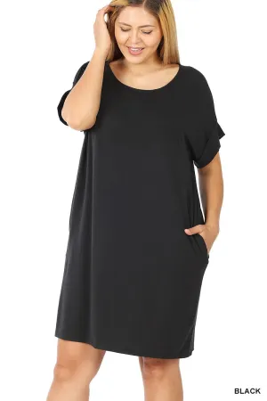 ROLLED SHORT SLEEVE ROUND NECK DRESS