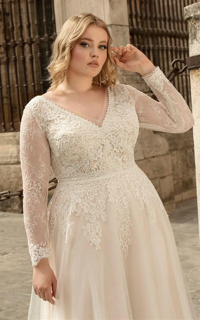 Romantic A Line Lace Wedding Dress with Appliques and Train-716228