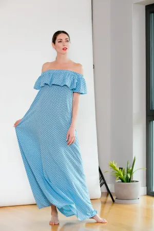 Romantic Bardot Dress in Sky Blue with Polka Dots, Off-the-shoulder Maxi Dress, Minimalist Dress, Ruffle Dress for Summer