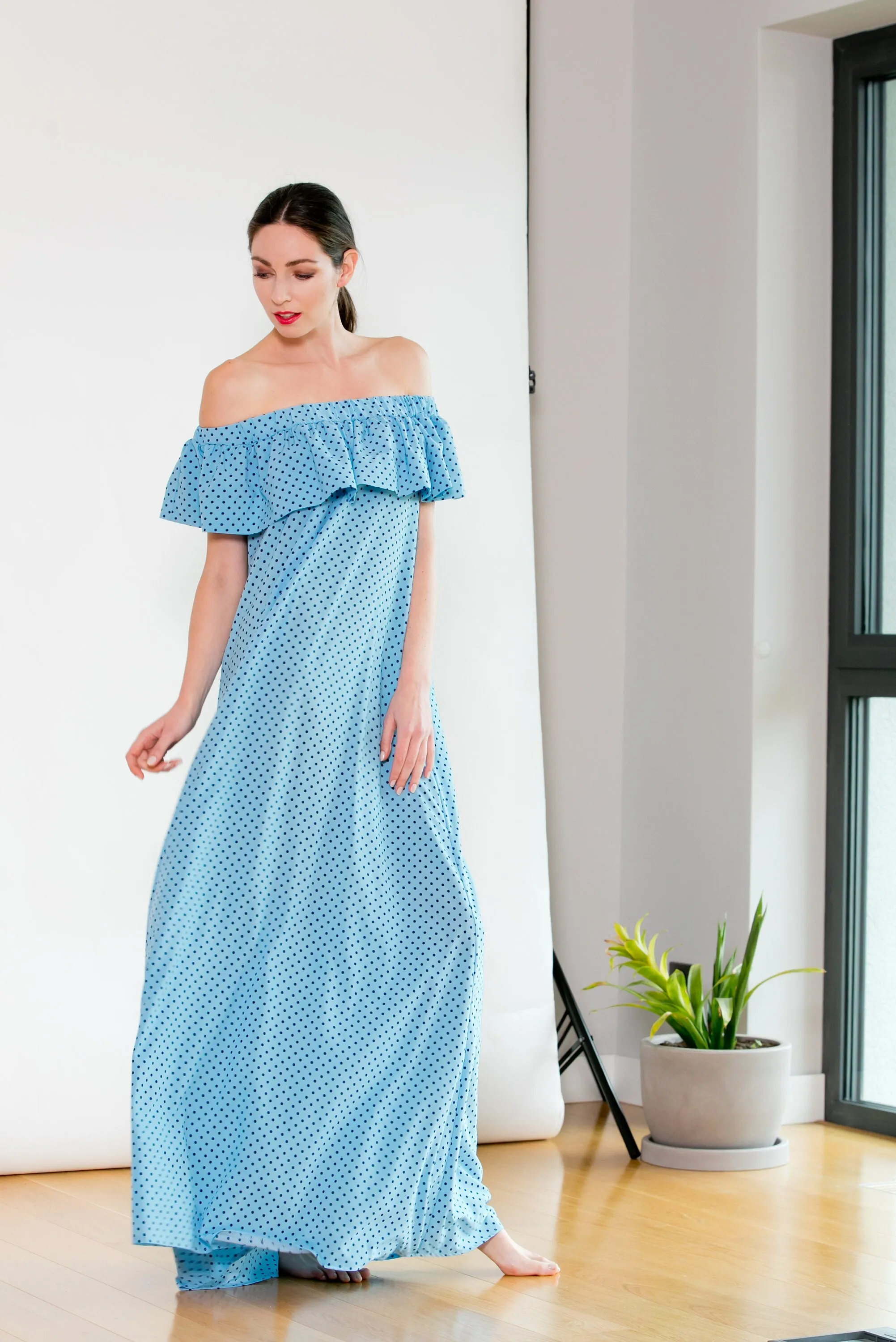Romantic Bardot Dress in Sky Blue with Polka Dots, Off-the-shoulder Maxi Dress, Minimalist Dress, Ruffle Dress for Summer