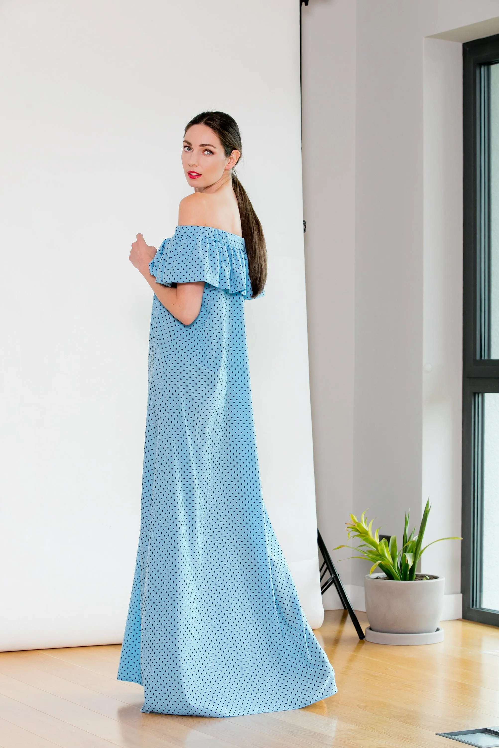 Romantic Bardot Dress in Sky Blue with Polka Dots, Off-the-shoulder Maxi Dress, Minimalist Dress, Ruffle Dress for Summer