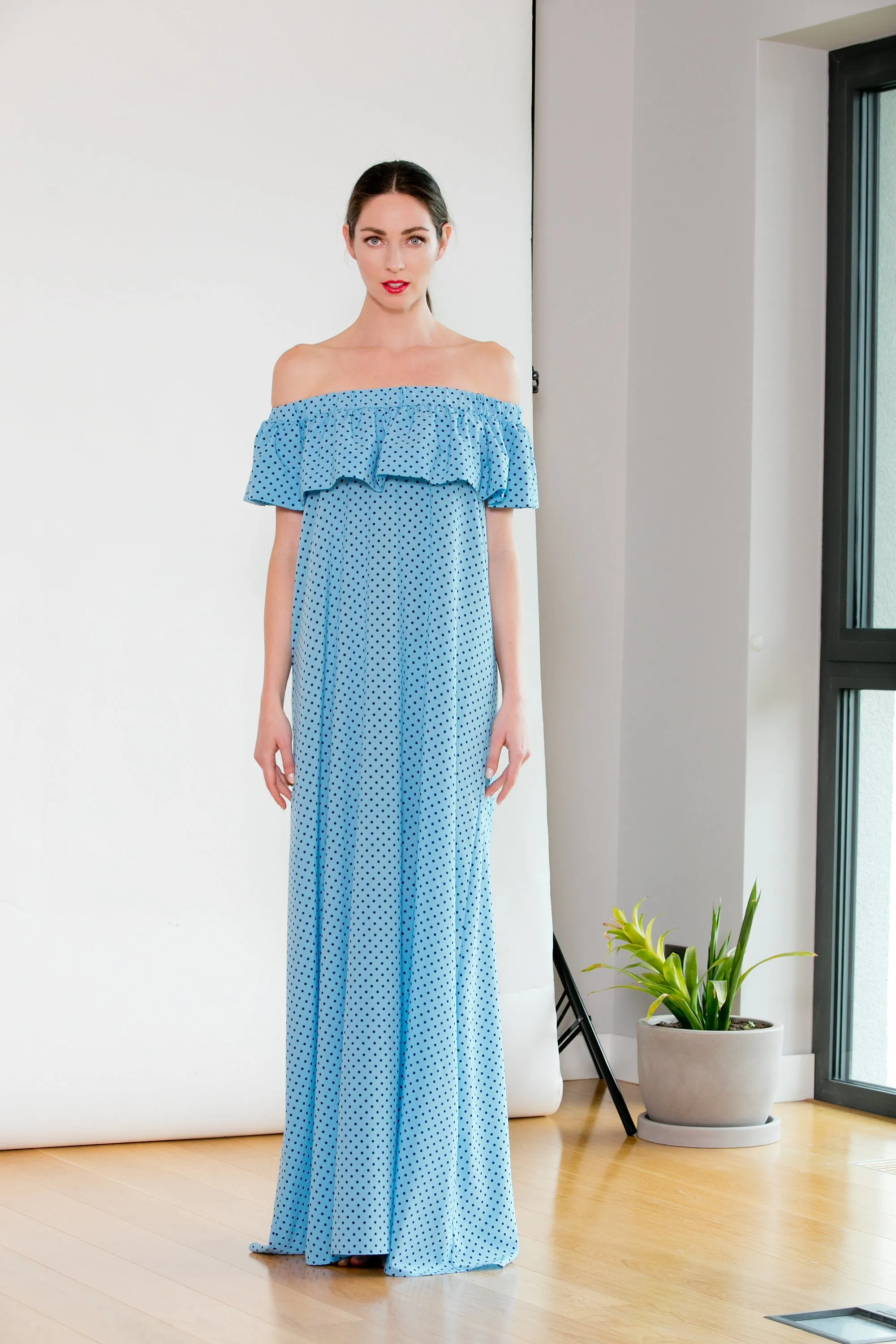 Romantic Bardot Dress in Sky Blue with Polka Dots, Off-the-shoulder Maxi Dress, Minimalist Dress, Ruffle Dress for Summer