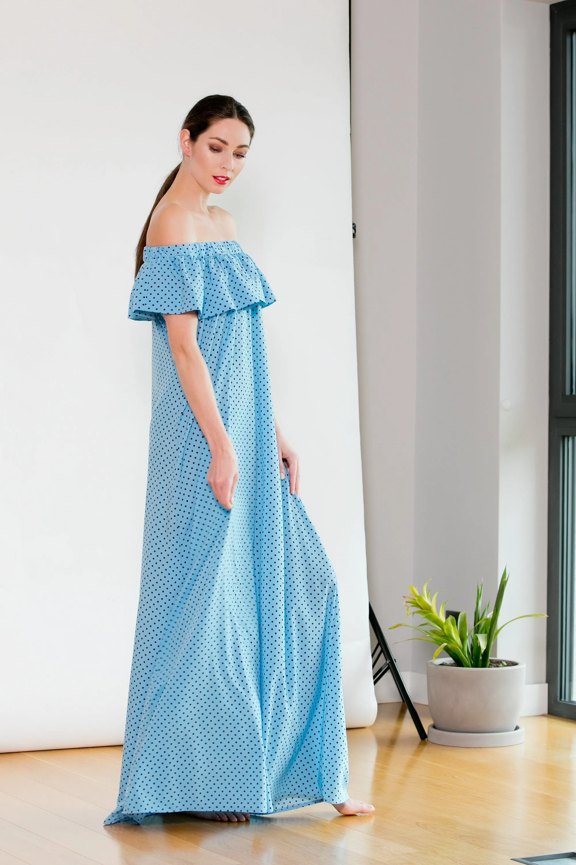 Romantic Bardot Dress in Sky Blue with Polka Dots, Off-the-shoulder Maxi Dress, Minimalist Dress, Ruffle Dress for Summer
