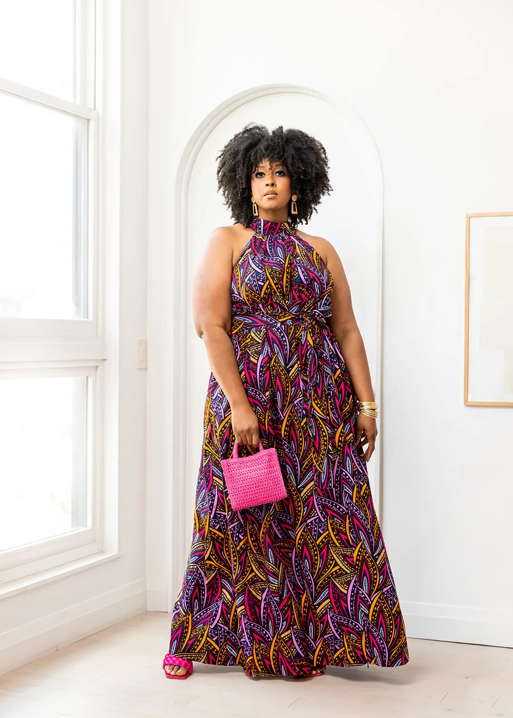 Ronke Women's African Print Maxi Dress (Sunset Leaves) - Clearance