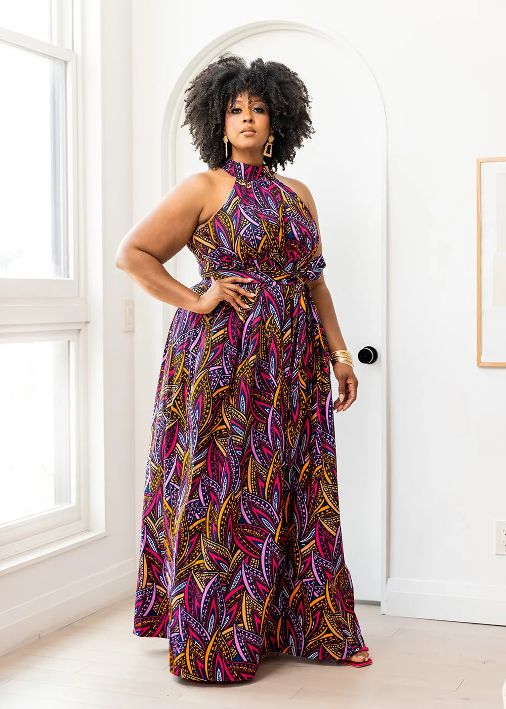 Ronke Women's African Print Maxi Dress (Sunset Leaves) - Clearance