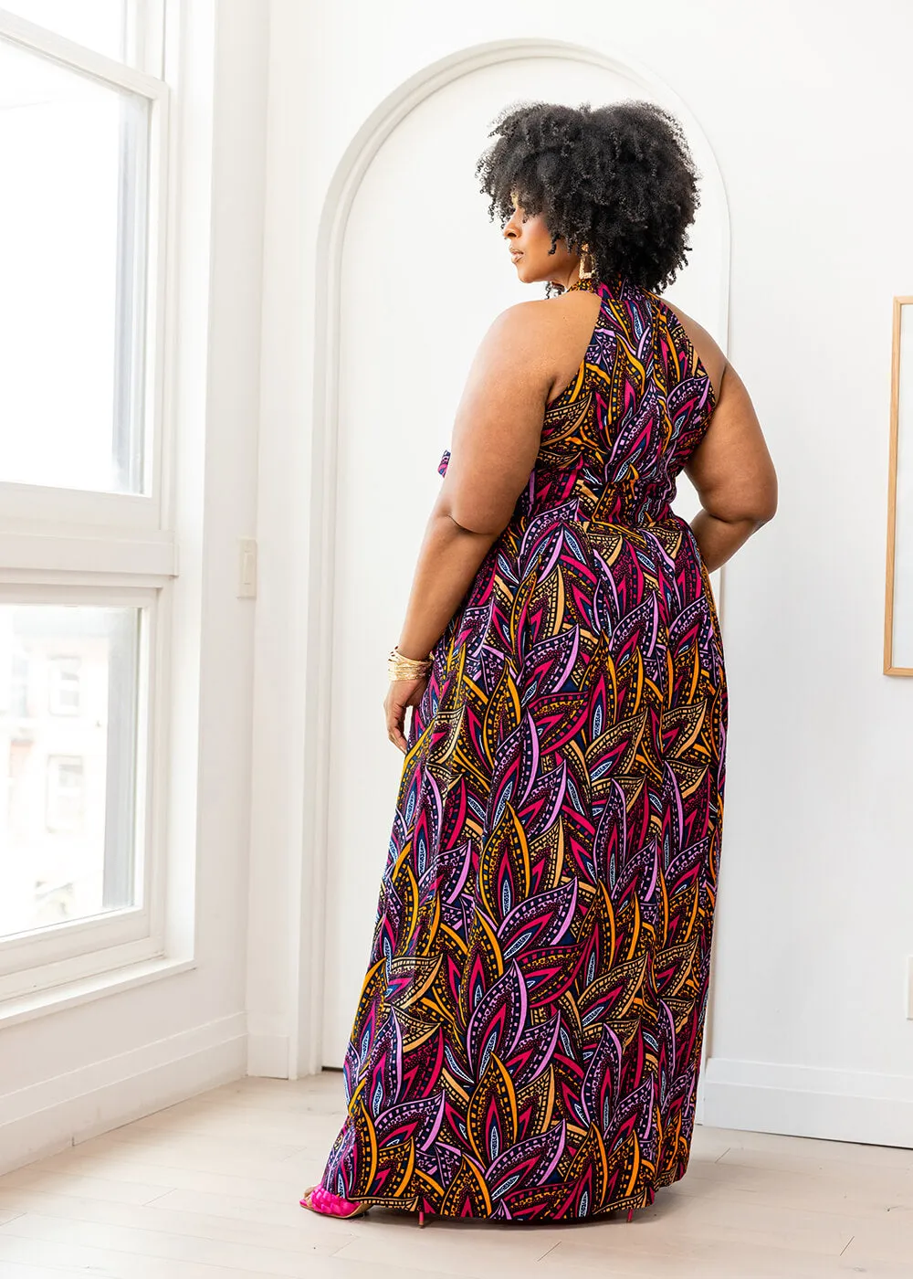 Ronke Women's African Print Maxi Dress (Sunset Leaves) - Clearance