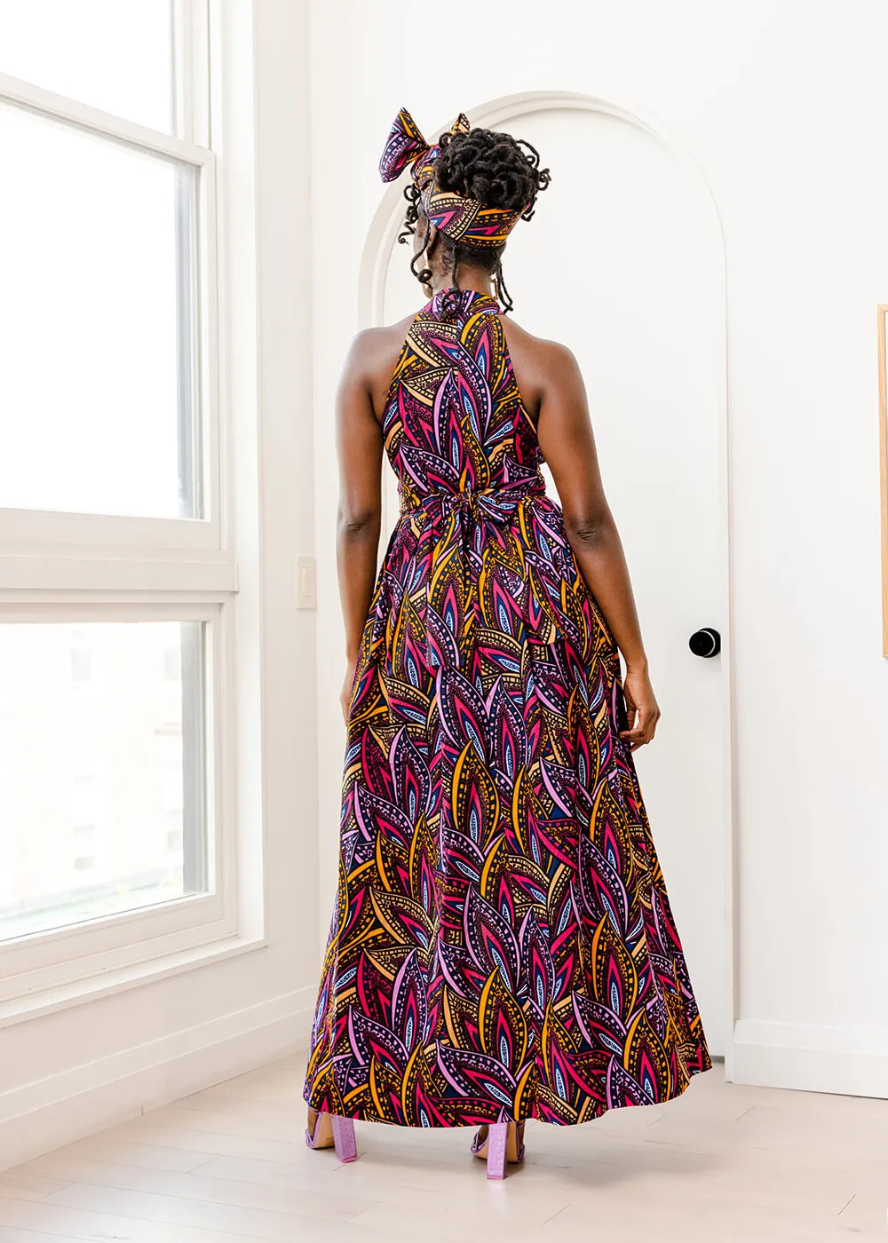 Ronke Women's African Print Maxi Dress (Sunset Leaves) - Clearance