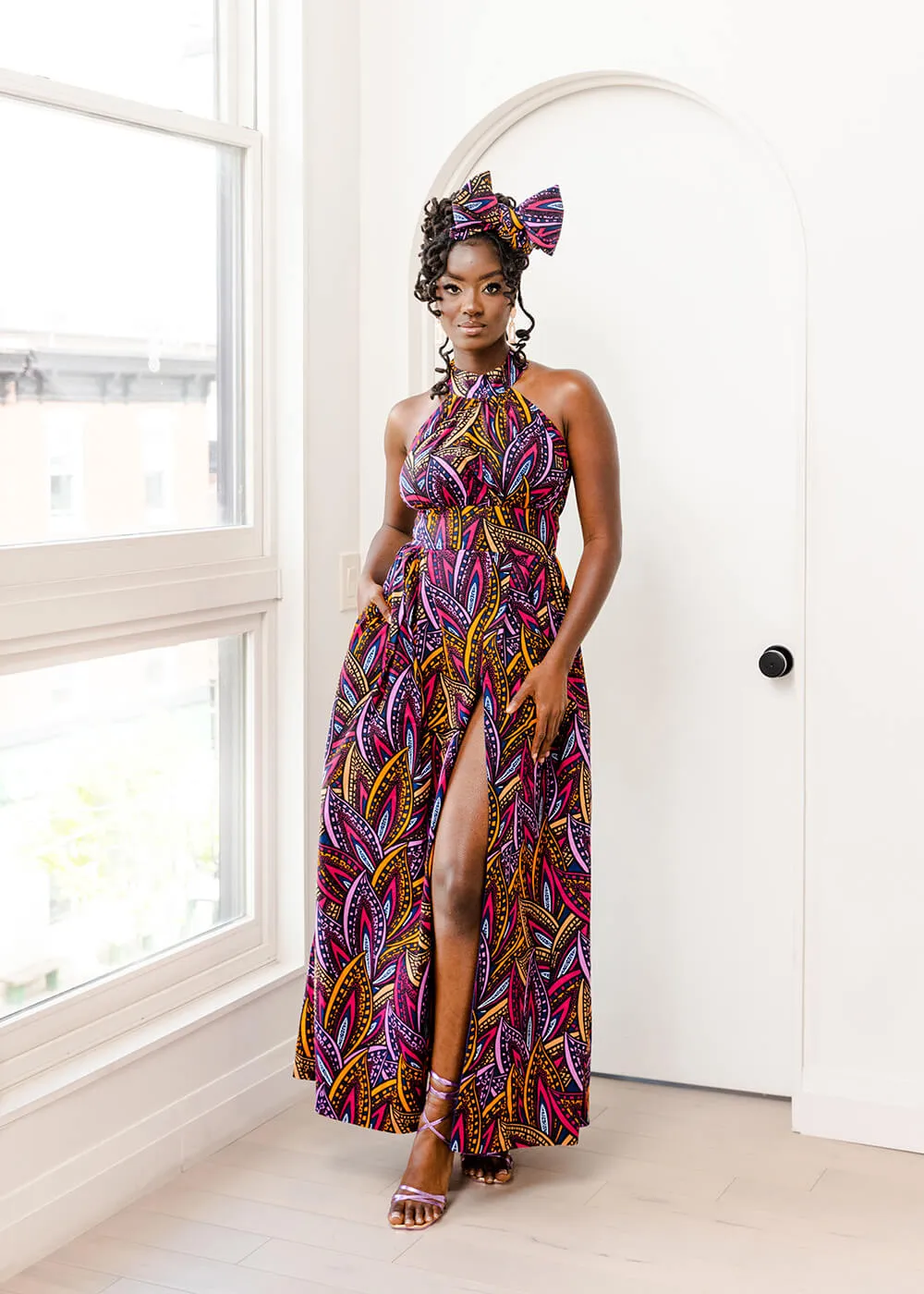 Ronke Women's African Print Maxi Dress (Sunset Leaves) - Clearance