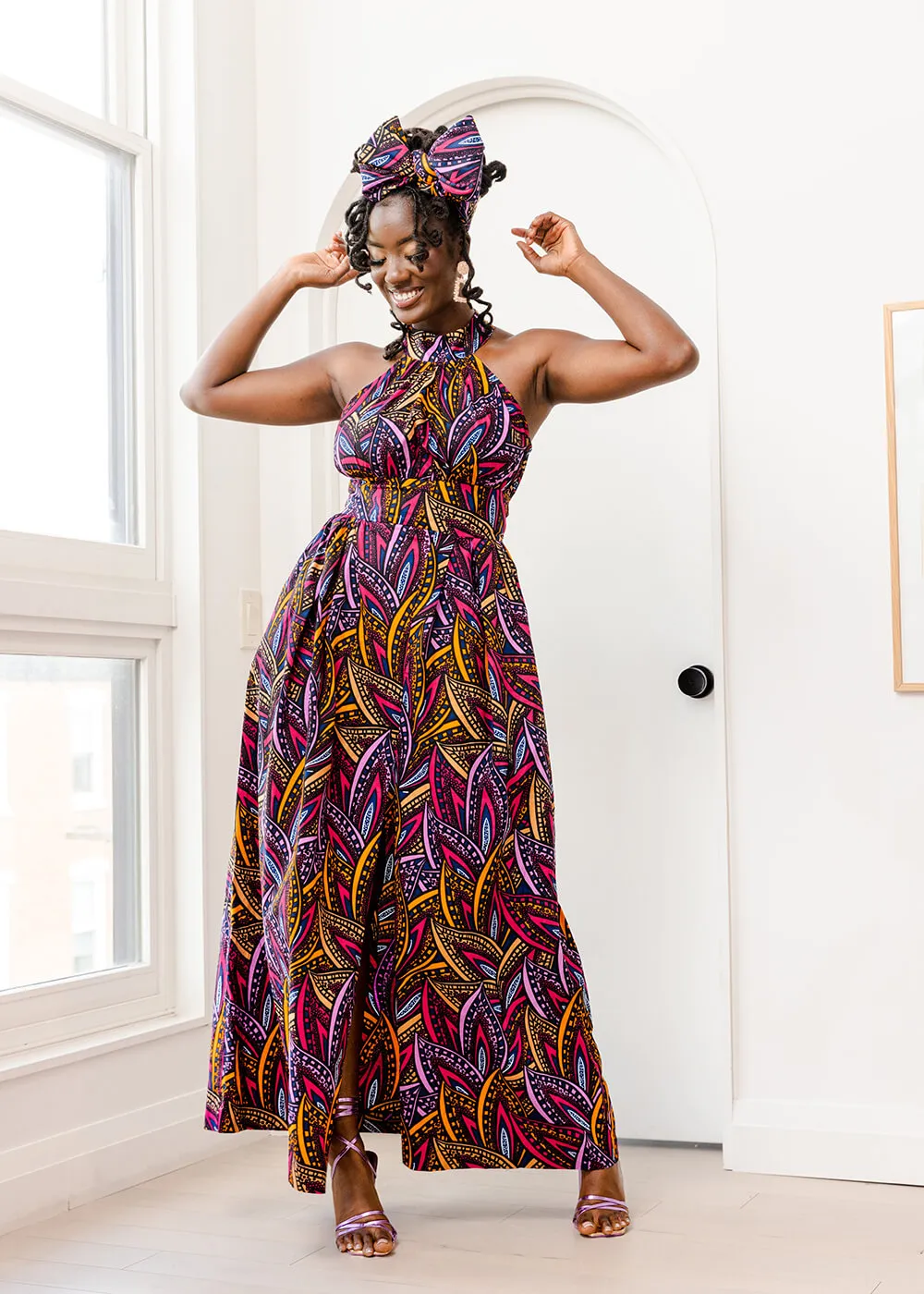 Ronke Women's African Print Maxi Dress (Sunset Leaves) - Clearance