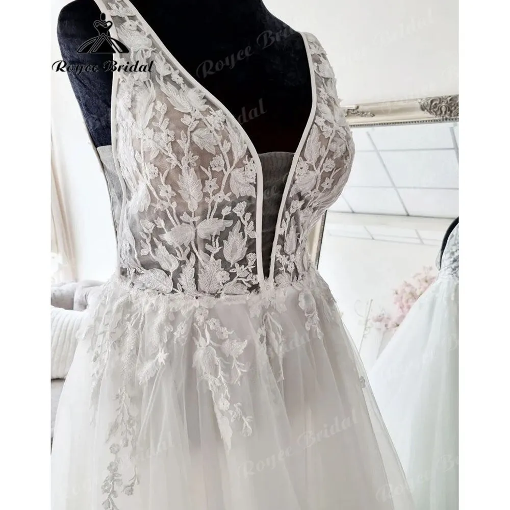 Roycebridal A Line Beach Lace Wedding Dress V Neck Appliques 2025 Tulle Bridal Gown Custom Made vestido noiva Open Back Elegant