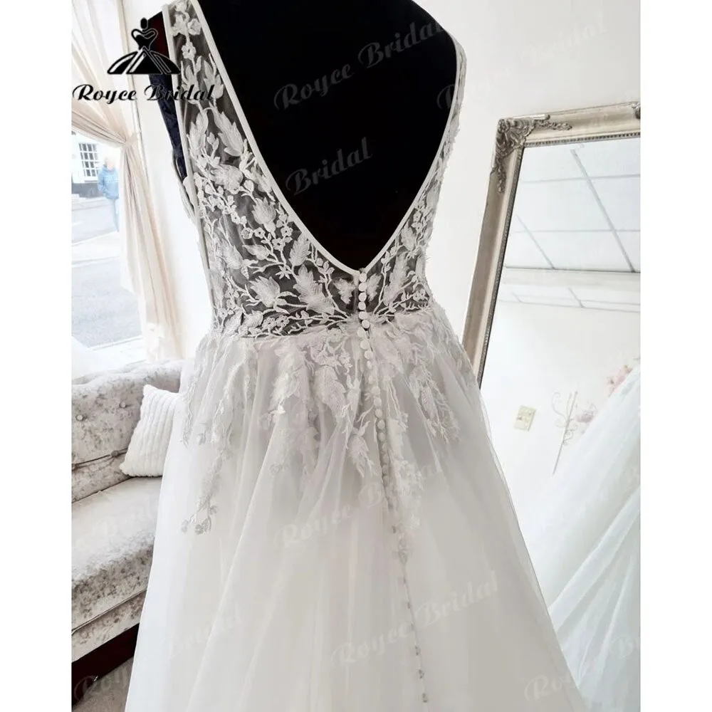 Roycebridal A Line Beach Lace Wedding Dress V Neck Appliques 2025 Tulle Bridal Gown Custom Made vestido noiva Open Back Elegant