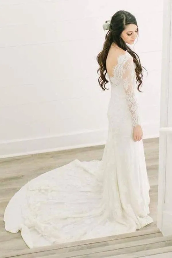 Roycebridal Ivory Lace Sheath V-neck Long Sleeves Chapel Train Wedding Dresses, MW966