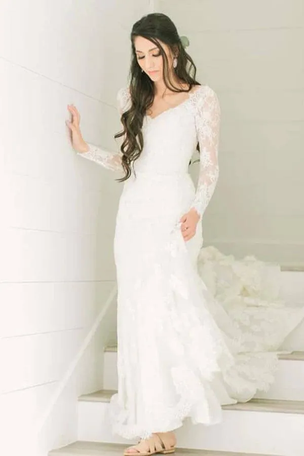 Roycebridal Ivory Lace Sheath V-neck Long Sleeves Chapel Train Wedding Dresses, MW966