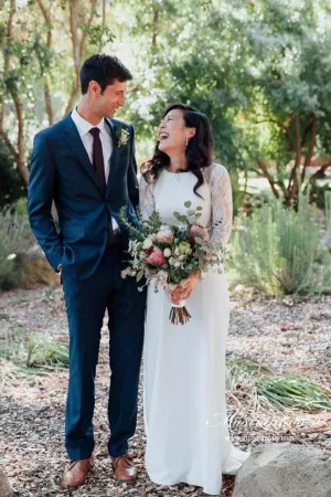 Roycebridal Ivory Sheath Satin Long Sleeves Rustic Wedding Dresses, Bridal Dress, MW963