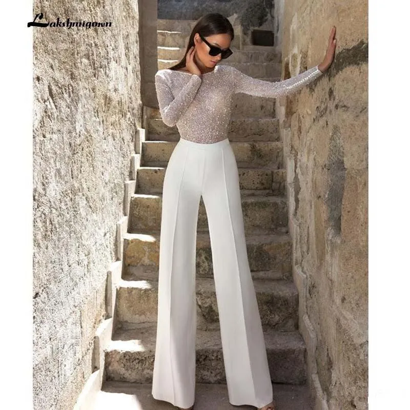 Roycebridal Jumpsuit Wedding Dresses Sheath Jewel Neck Bling Bling Sequins