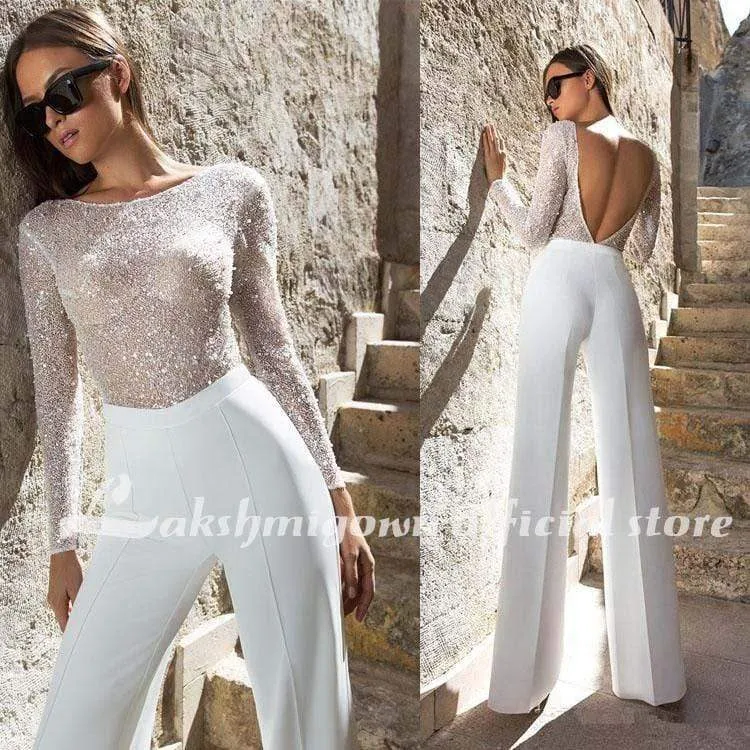 Roycebridal Jumpsuit Wedding Dresses Sheath Jewel Neck Bling Bling Sequins