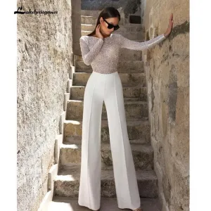 Roycebridal Jumpsuit Wedding Dresses Sheath Jewel Neck Bling Bling Sequins