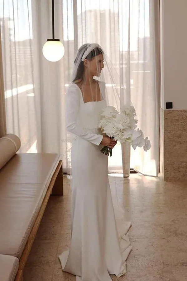 Roycebridal Satin Sheath Long Sleeves Wedding Dresses With Train, Wedding Gowns, MW855