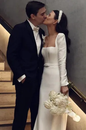 Roycebridal Satin Sheath Long Sleeves Wedding Dresses With Train, Wedding Gowns, MW855