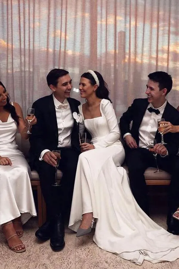 Roycebridal Satin Sheath Long Sleeves Wedding Dresses With Train, Wedding Gowns, MW855