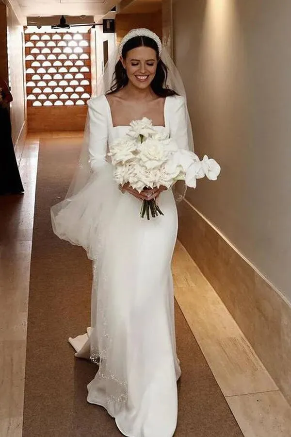 Roycebridal Satin Sheath Long Sleeves Wedding Dresses With Train, Wedding Gowns, MW855