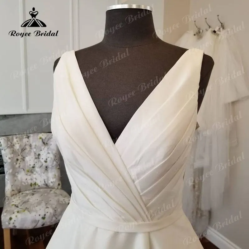 Roycebridal  Satin V Neck Sleeveless Simple Wedding Dress Open Back 2025 Ball Gown Bridal Wedding Women robe de mariée Elegant