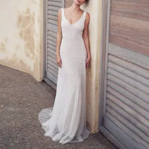 Roycebridal Sexy V Neck Pure Color Backless mermaid Wedding Dress
