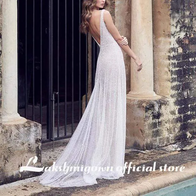 Roycebridal Sexy V Neck Pure Color Backless mermaid Wedding Dress