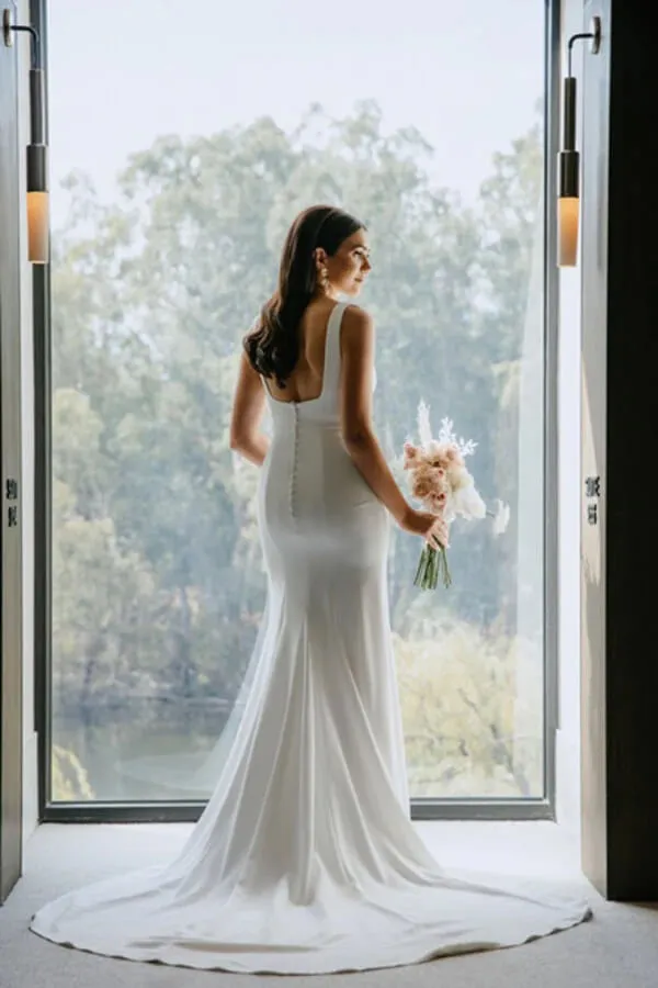 Roycebridal Simple Satin Sheath Square Neck Backless Wedding Dress With Sweep Train, MW755
