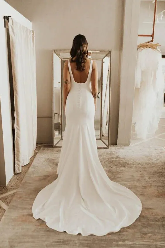 Roycebridal Simple Satin Sheath Square Neck Backless Wedding Dress With Sweep Train, MW755