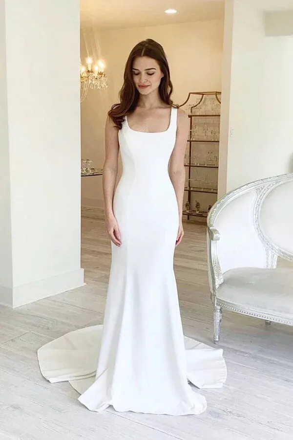 Roycebridal Simple Satin Sheath Square Neck Backless Wedding Dress With Sweep Train, MW755