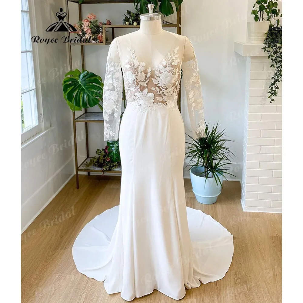 Roycebridal Summer Long Sleeve Lace Soft Satin Mermaid Wedding Dress V Neck 2025 Appliques Bridal Gown Sweep Train robe robe de mariée sirèn