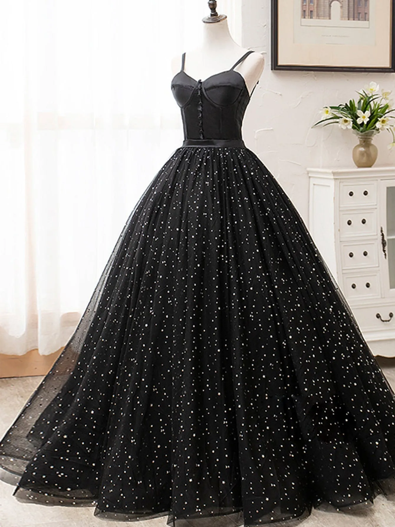 Roycebridal V Neck Glitter Black Long Prom Dress