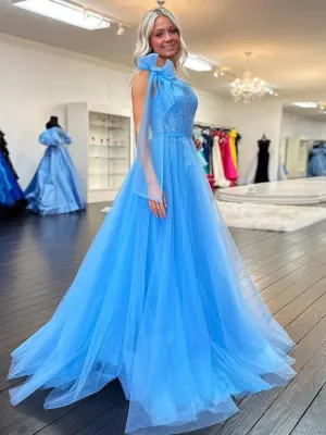 Roycebridal Ximena | Cute A Line One Shoulder Blue Tulle Prom Dress with Appliques