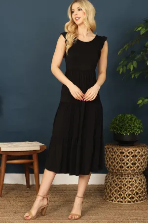 Ruffle Sleeveless Tiered Solid Midi Dress
