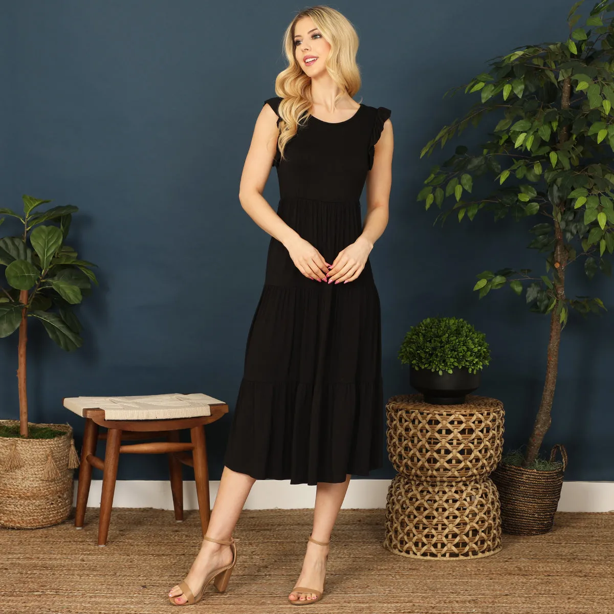 Ruffle Sleeveless Tiered Solid Midi Dress