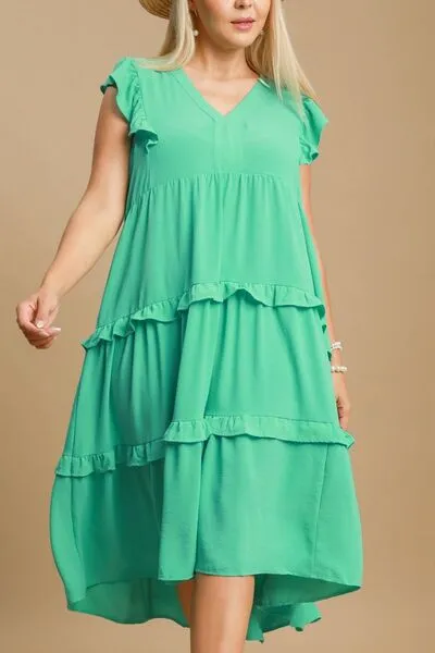 Ruffle Tiered Cap Sleeve Midi Dress Plus Size Available