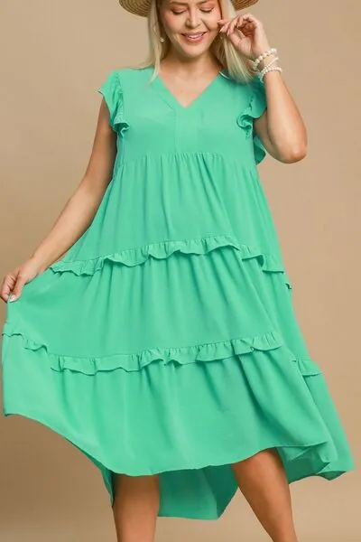 Ruffle Tiered Cap Sleeve Midi Dress Plus Size Available